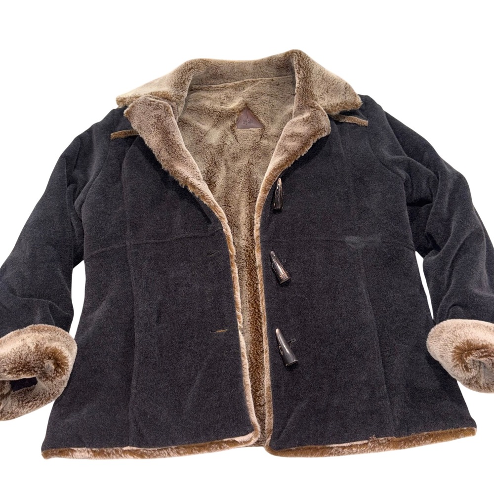 Vintage Toggle Coat Penny Lane Grey Faux Fur Trim Wool Blend Fjall